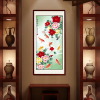 尚得堂 中式手绘国画牡丹工笔书房字画客厅沙发背景装饰画办公室水墨画九鲤鱼玄关挂画 沙比利实木框-直角棕色-发顺丰 定制尺寸请联系客服
