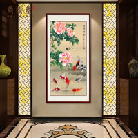 尚得堂 手绘国画花开富贵牡丹九鲤图客厅中式装饰画沙发墙画九鱼图壁画办公室水墨挂画 沙比利实木框-直角棕色-发顺丰 定制尺寸请联系客服-发顺丰