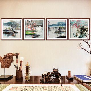 尚得堂 手绘国画山水画水墨画江南水乡四联画客厅挂画装饰画名家真迹 SD-风景10-（赠送软表）-顺丰发货 定制尺寸请联系客服-发顺丰