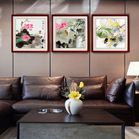 尚得堂手绘国画花鸟山水画客厅中式装饰画办公室壁画挂画三联画水墨画 花鸟5-棕色沙比利实木框 定制尺寸请联系客服-发顺丰