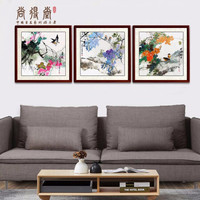 尚得堂手绘国画现代装饰画三联画中式水墨画客厅花鸟国画卧室墙画餐厅挂画 花鸟紫藤4-沙比利实木框 定制尺寸请联系客服-发顺丰