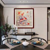 尚得堂中式手绘国画工笔九鱼图现代家居客厅餐厅卧室酒店玄关装饰画壁画 斗方 沙比利实木框-直角原木色-发顺丰 定制尺寸请联系客服-发顺丰