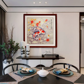 尚得堂中式手绘国画工笔九鱼图现代家居客厅餐厅卧室酒店玄关装饰画壁画 斗方 单购买画芯-赠凌绢软裱-无框发顺丰 装裱50*50