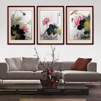 尚得堂手绘国画花鸟画水墨画竖幅荷花三联画客厅挂画装饰画名家真迹 荷花1-沙比利实木框 定制尺寸请联系客服-发顺丰