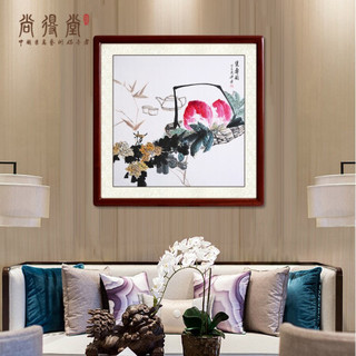 尚得堂 手绘国画写意花鸟画寿桃客厅装饰画餐厅卧室中式壁画祝寿图 沙比利实木框-圆角原木色-发顺丰 定制尺寸请联系客服