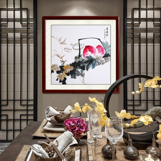 尚得堂 手绘国画写意花鸟画寿桃客厅装饰画餐厅卧室中式壁画祝寿图 沙比利实木框-圆角原木色-发顺丰 定制尺寸请联系客服