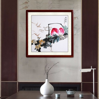 尚得堂 手绘国画写意花鸟画寿桃客厅装饰画餐厅卧室中式壁画祝寿图 沙比利实木框-圆角原木色-发顺丰 定制尺寸请联系客服