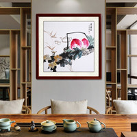 尚得堂 手绘国画写意花鸟画寿桃客厅装饰画餐厅卧室中式壁画祝寿图 沙比利实木框-直角棕色-发顺丰 定制尺寸请联系客服