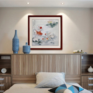 尚得堂 名家手绘国画工笔九鱼图现代家居客厅餐厅卧室玄关装饰画字画 沙比利实木框-圆角原木色-发顺丰 定制尺寸请联系客服-发顺丰快递