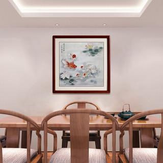 尚得堂 名家手绘国画工笔九鱼图现代家居客厅餐厅卧室玄关装饰画字画 沙比利实木框-圆角原木色-发顺丰 定制尺寸请联系客服-发顺丰快递