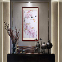尚得堂名家手绘国画客厅工笔花鸟画玄关走廊挂画装饰画餐厅壁画 沙比利实木框-圆角棕色-发顺丰 装裱85*165