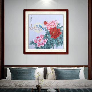 尚得堂名家手绘国画牡丹字画真迹花开富贵中式客厅挂画斗方玄关装饰画 沙比利实木框-直角棕色-发顺丰 定制尺寸请联系客服-发顺丰