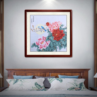 尚得堂名家手绘国画牡丹字画真迹花开富贵中式客厅挂画斗方玄关装饰画 沙比利实木框-直角棕色-发顺丰 定制尺寸请联系客服-发顺丰