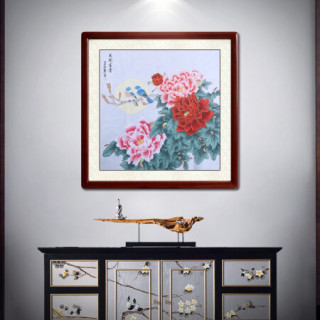 尚得堂名家手绘国画牡丹字画真迹花开富贵中式客厅挂画斗方玄关装饰画 沙比利实木框-直角棕色-发顺丰 定制尺寸请联系客服-发顺丰