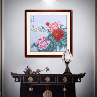 尚得堂名家手绘国画牡丹字画真迹花开富贵中式客厅挂画斗方玄关装饰画 沙比利实木框-直角棕色-发顺丰 定制尺寸请联系客服-发顺丰
