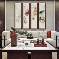 手绘国画四条屏工笔花鸟画中堂画装饰画客厅四联画书房卧室壁画走廊挂画 SD-花鸟画四联画-实木框-发顺丰 装裱46*156
