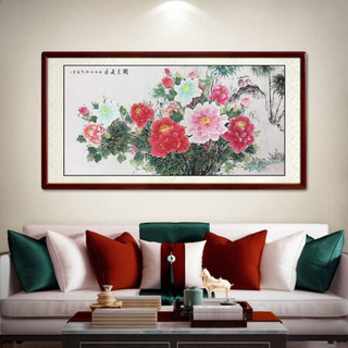 尚得堂手绘国画中式客厅装饰画工笔牡丹横幅壁画卧室挂画花开富贵 沙比利实木框-直角原木色-发顺丰 装裱278*118