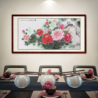 尚得堂手绘国画中式客厅装饰画工笔牡丹横幅壁画卧室挂画花开富贵 沙比利实木框-直角原木色-发顺丰 装裱278*118