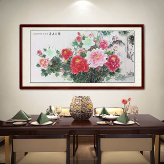 尚得堂手绘国画中式客厅装饰画工笔牡丹横幅壁画卧室挂画花开富贵 沙比利实木框-圆角棕色-发顺丰 定制尺寸请联系客服