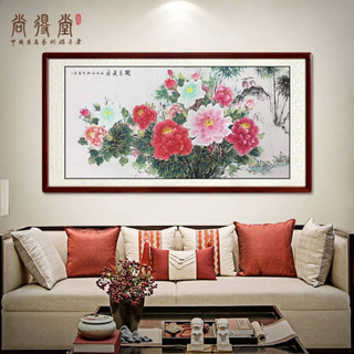 尚得堂手绘国画中式客厅装饰画工笔牡丹横幅壁画卧室挂画花开富贵 沙比利实木框-直角原木色-发顺丰 装裱278*118