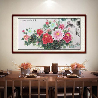 尚得堂手绘国画中式客厅装饰画工笔牡丹横幅壁画卧室挂画花开富贵 沙比利实木框-直角原木色-发顺丰 装裱278*118