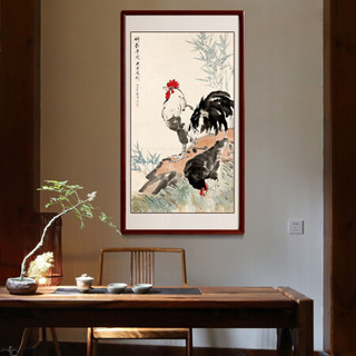 尚得堂手绘国画公鸡水墨画客厅风水画办公室装饰画字画书房挂画 沙比利实木框-圆角黑色-发顺丰 装裱85*165