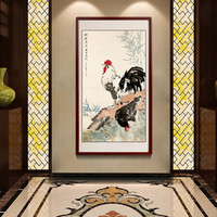 尚得堂手绘国画公鸡水墨画客厅风水画办公室装饰画字画书房挂画 沙比利实木框-圆角原木色-发顺丰 装裱65*125
