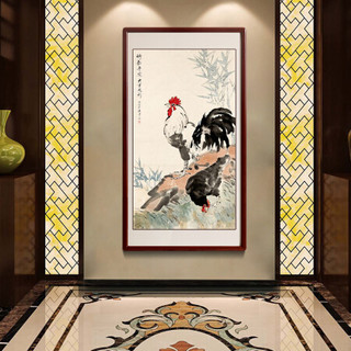 尚得堂手绘国画公鸡水墨画客厅风水画办公室装饰画字画书房挂画 沙比利实木框-圆角黑色-发顺丰 装裱85*165