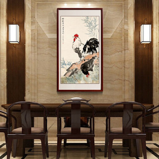 尚得堂手绘国画公鸡水墨画客厅风水画办公室装饰画字画书房挂画 沙比利实木框-圆角黑色-发顺丰 装裱85*165