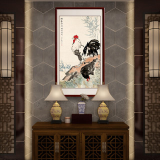 尚得堂手绘国画公鸡水墨画客厅风水画办公室装饰画字画书房挂画 沙比利实木框-圆角黑色-发顺丰 装裱85*165