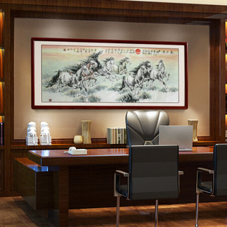 尚得堂手绘国画八骏图中式装饰画办公室马到成功字画水墨画横幅挂画客厅壁画 沙比利实木框-直角原木色-发顺丰 定制尺寸请联系客服-发顺丰
