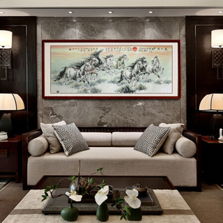 尚得堂手绘国画八骏图中式装饰画办公室马到成功字画水墨画横幅挂画客厅壁画 沙比利实木框-直角原木色-发顺丰 定制尺寸请联系客服-发顺丰