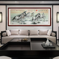 尚得堂手绘国画八骏图中式装饰画办公室马到成功字画水墨画横幅挂画客厅壁画 沙比利实木框-直角原木色-发顺丰 装裱278*118