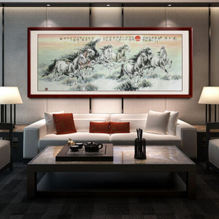 尚得堂手绘国画八骏图中式装饰画办公室马到成功字画水墨画横幅挂画客厅壁画 沙比利实木框-直角原木色-发顺丰 定制尺寸请联系客服-发顺丰