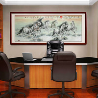 尚得堂手绘国画八骏图中式装饰画办公室马到成功字画水墨画横幅挂画客厅壁画 沙比利实木框-圆角原木色-发顺丰 定制尺寸请联系客服-发顺丰