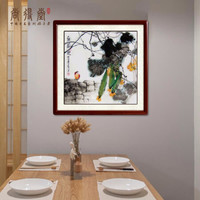 尚得堂手绘国画棚园趣餐厅客厅装饰画现代风水画中式壁画玄关挂画墙画水墨画 沙比利实木框-圆角原木色-发顺丰 装裱65*65