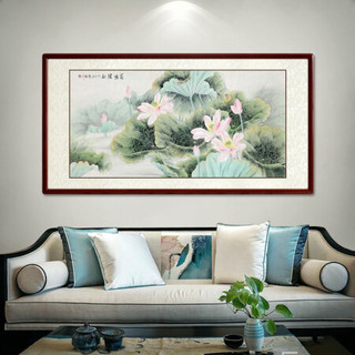 尚得堂手绘国画真迹荷花横幅工笔花鸟客厅装饰画卧室床头挂画 沙比利实木框-圆角原木色-发顺丰 定制尺寸请联系客服