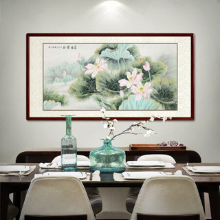 尚得堂手绘国画真迹荷花横幅工笔花鸟客厅装饰画卧室床头挂画 沙比利实木框-圆角原木色-发顺丰 定制尺寸请联系客服