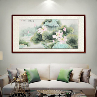 尚得堂手绘国画真迹荷花横幅工笔花鸟客厅装饰画卧室床头挂画 沙比利实木框-圆角原木色-发顺丰 定制尺寸请联系客服