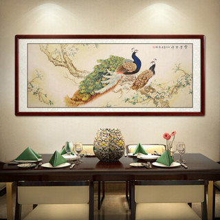 尚得堂名家手绘国画工笔花鸟画富贵吉祥孔雀挂画客厅背景墙装饰画卧室床头画 沙比利实木框-直角原木色-发顺丰 定制尺寸请联系客服