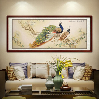 尚得堂名家手绘国画工笔花鸟画富贵吉祥孔雀挂画客厅背景墙装饰画卧室床头画 沙比利实木框-直角原木色-发顺丰 定制尺寸请联系客服