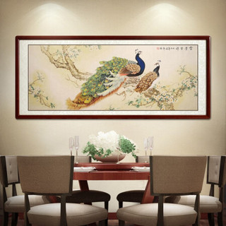 尚得堂名家手绘国画工笔花鸟画富贵吉祥孔雀挂画客厅背景墙装饰画卧室床头画 沙比利实木框-直角原木色-发顺丰 定制尺寸请联系客服