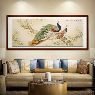 尚得堂名家手绘国画工笔花鸟画富贵吉祥孔雀挂画客厅背景墙装饰画卧室床头画 沙比利实木框-直角原木色-发顺丰 定制尺寸请联系客服