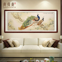 尚得堂名家手绘国画工笔花鸟画富贵吉祥孔雀挂画客厅背景墙装饰画卧室床头画 沙比利实木框-直角原木色-发顺丰 装裱165*85