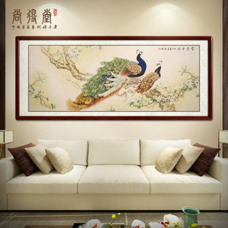 尚得堂名家手绘国画工笔花鸟画富贵吉祥孔雀挂画客厅背景墙装饰画卧室床头画 沙比利实木框-直角原木色-发顺丰 定制尺寸请联系客服