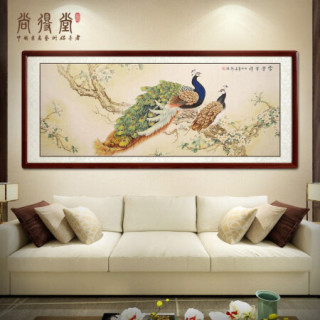 尚得堂名家手绘国画工笔花鸟画富贵吉祥孔雀挂画客厅背景墙装饰画卧室床头画 沙比利实木框-直角原木色-发顺丰 定制尺寸请联系客服