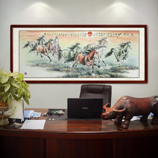 尚得堂名家手绘国画八骏图中式装饰画办公室马到成功字画横幅挂画客厅壁画水墨画 沙比利实木框-直角棕色-发顺丰 装裱278*118