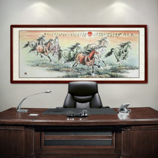 尚得堂名家手绘国画八骏图中式装饰画办公室马到成功字画横幅挂画客厅壁画水墨画 沙比利实木框-直角棕色-发顺丰 装裱278*118