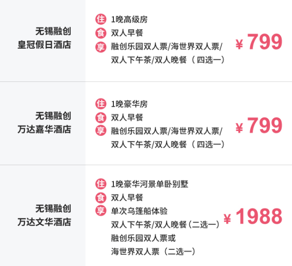 亲子畅玩!无锡融创3店皇冠假日/万达嘉华/文化酒店 高级房1晚(含早+融创乐园/海世界/下午茶/晚餐4选1)