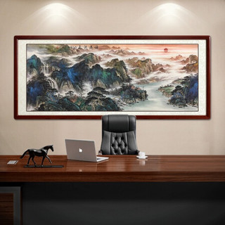 尚得堂手绘国画源远流长山水画风水靠山客厅沙发背景墙挂画办公室装饰画字画水墨画 沙比利实木框-圆角原木色-发顺丰 装裱218*118